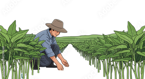 A Farmer Inspecting His Plants in the Field and Ensuring a Healthy Crop For Harvest