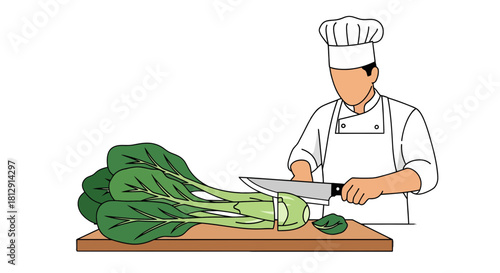 A Chef Expertly Prepares Fresh Bok Choy for Culinary Creation in the Kitchen