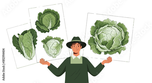A Farmer Proudly Presenting Several Types of Fresh Cabbage Varieties on Display