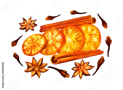 
Festive Citrus and Spice Watercolor Illustration. Dried orange slices cinnamon sticks star anise and cloves arranged in a warm festive spice illustration