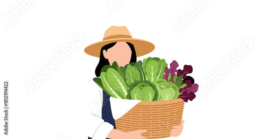 A Farmer Proudly Presents a Full Harvest Basket of Fresh Vegetables Illustration