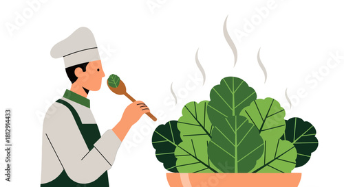 A Chef Intently Smells Aromatic Culinary Delights Of Freshly Prepared Green Vegetables