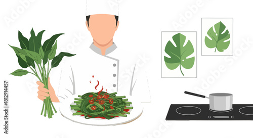 A Chef Preparing Food In A Kitchen With Delicious Cooked Vegetables And Ingredients
