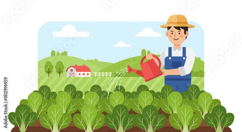 A Farmer Waters His Crops Under A Sunny Clear Sky on The Lush Green Field