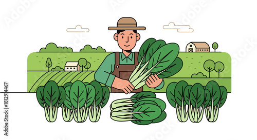 A Farmer With Gathered Bok Choy Vegetables Shows Happy Faces In The Field