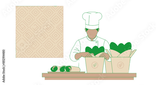 A Chef Preparing Fresh Food, Readying Ingredients, Food Packaging And Geometric Pattern