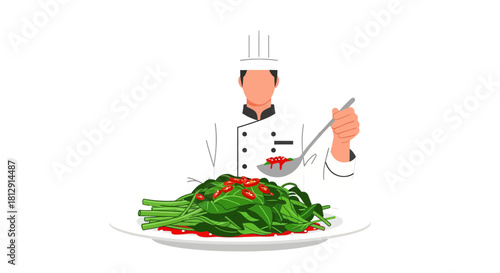 A Chef Preparing Food with Vegetables and Sauce Presented on A Plate