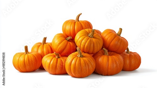 Pile of vibrant mini pumpkins on white background. Artificial intelligence image