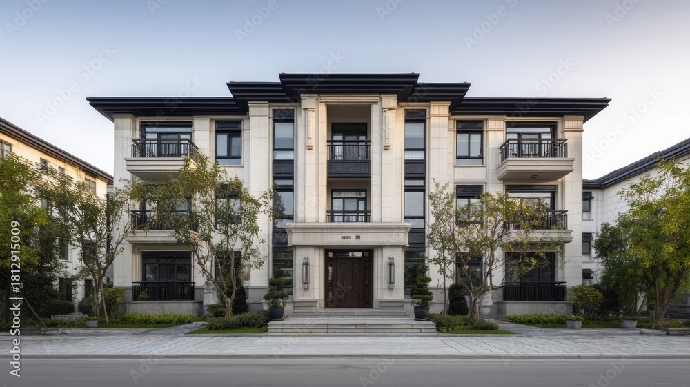 Obraz premium Elegant modern mansion amid lush greenery at dusk. Artificial intelligence image