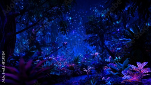 Luminous flora in mystical night jungle. Artificial intelligence image