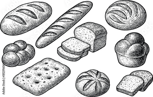 Hand drawn vintage bread collection featuring loaves, baguettes, buns, sliced bread and assorted classic bakery items