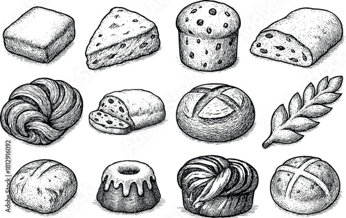 Hand drawn vintage bread and pastry collection featuring assorted loaves, buns, brioche, rolls and classic baked goods illustrations