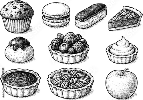 Hand drawn vintage dessert collection with tarts, pies, muffins, macarons, éclairs, fruits and classic sweet bakery treats
