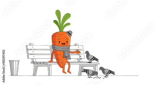 A Friendly Carrot Figure Relaxing On A Bench And Feeding Pigeons With Joyful Feelings