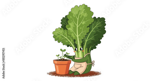 A Friendly Green Vegetable Embraces New Growth Near A Clay Pot In Black Background