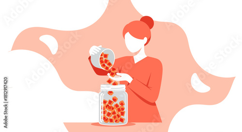 A Person Carefully Pours a Vibrant Collection of Cubes Into a Glass Jar Illustration