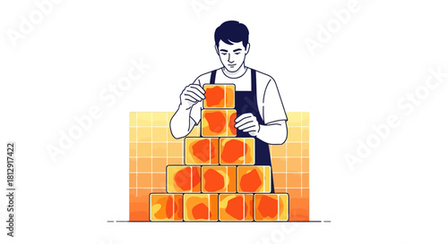 A Person Carefully Constructing Layered Squares, Balancing Abstract Forms in a Static Frame