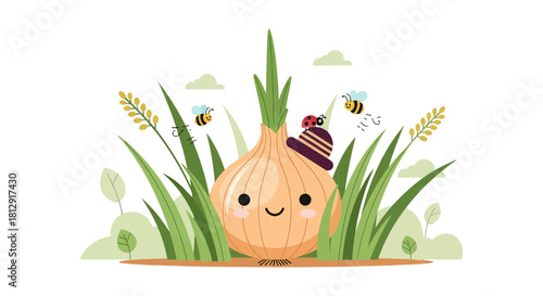 A Friendly Onion With Cute Bugs And Green Grasses In A Black Background