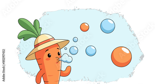 A Friendly Carrot Figure Blowing Bubbles With A Stylish Hat For Pure Amusement