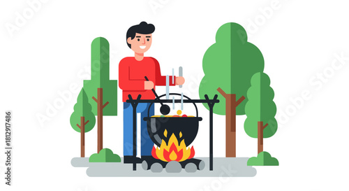 A Person Cooking Over A Campfire In A Forest Setting Is An Enjoyable Scene