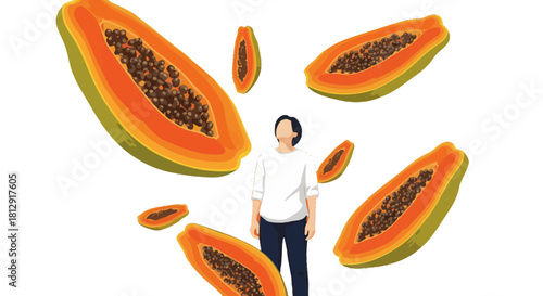 A Person Gazing Upwards Surrounded By Falling Papaya Fruit On A Black Background