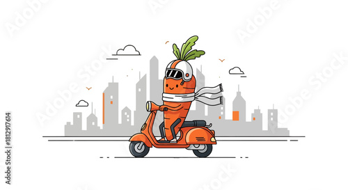 A Funny Vegetable Rides Through a Densely Populated City on Orange Vehicle