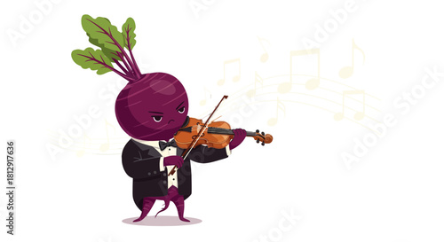 A Furious Beetroot Playing the Violin With Musical Notes on Black Background