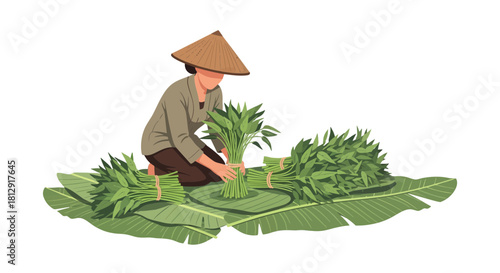 A Person Harvesting Fresh Green Vegetables on a Palm Leaf in a Black Background