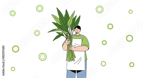 A Person Holding Fresh Greenery with Artistic Green Bubbles and a Black Background