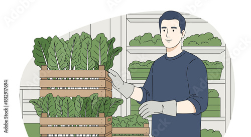 A Gardener Examining Leafy Greens In A Vertical Farm System For Harvest