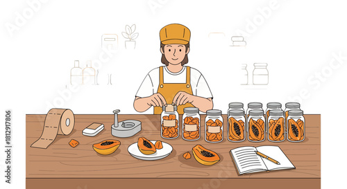 A Person Preparing Preserved Food, Packing Papaya Slices, and Canning for Future Enjoyment