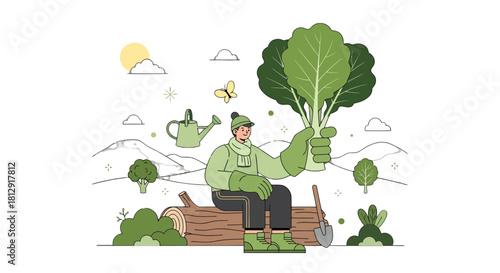 A Gardener Holding Fresh Produce Amidst a Tranquil Scene Vector Illustration