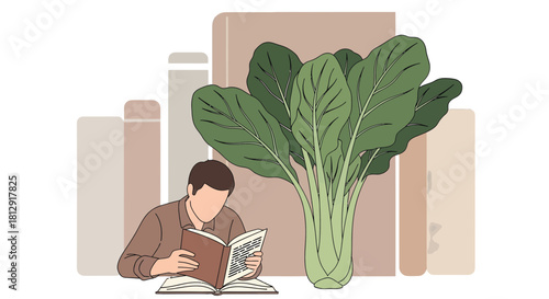 A Person Reads Between Books and Plants, Discovering Knowledge, Vector Illustration Design