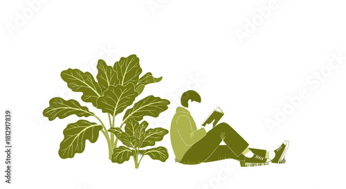 A Person Reads While Relaxing Near Lush Foliage With An Elegant Minimalist Style