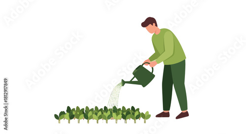 A Gardener Nurturing New Growth Using a Watering Can on a Black Background