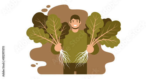 A Gardener Proudly Holding Harvested Vegetables Demonstrating Organic Farming Practices