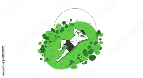 A Person Restfully Reclining On Green Amidst Leafy Vegetation Illustration