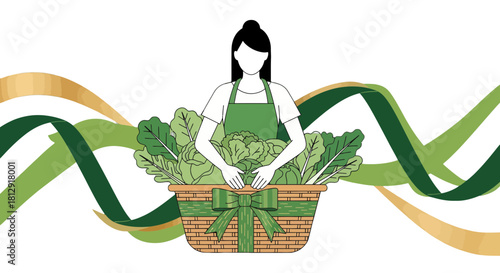 A Gardener's Harvest Displaying Fresh Greens With Elegant Green And Gold Ribbons
