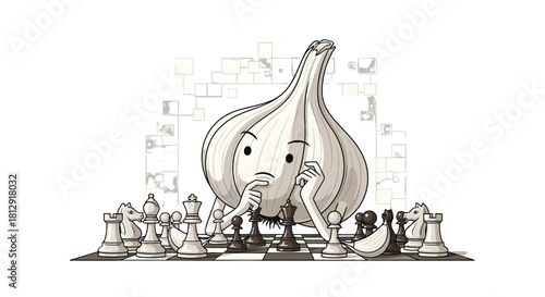 A Garlic Bulb Engaged In Strategic Thinking While Playing a Game Of Chess