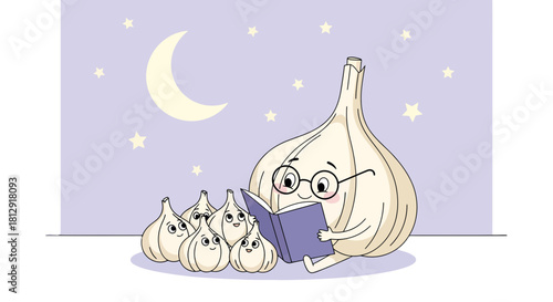 A Garlic Family Gathers Together At Night For Bedtime Reading Storytelling Circle