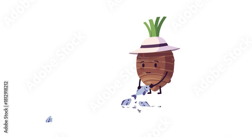 A Personified Root Vegetable Catching Fish with a Hat, An Adorable Illustration