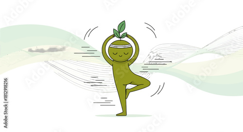 A Green Figure Performing Yoga Poses, Balancing Calmness On A Black Background