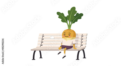 A Personified Root Vegetable Reclines Relaxed On A Bench Against A Black Background