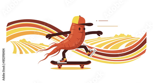 A Playful Root Vegetable Skateboarder in a Whimsical Field Illustration Design
