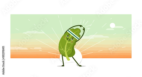 A Healthy Leafy Character Stretching Towards The Sunrise With Joy And Vigor