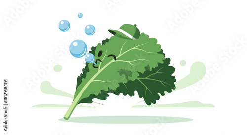 A Playful Illustration of Animated Leaf Character with Hat and Bubbles
