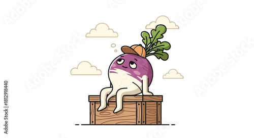 A Playful Turnip Character Contemplating Thoughts On A Wooden Crate With White Clouds