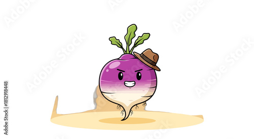 A Playful Turnip Character with a Hat Looking at the Viewer with an Angry Look