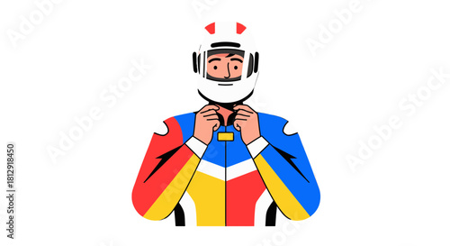 A Racer in Colorful Gear Fastening a Helmet against a Black Background