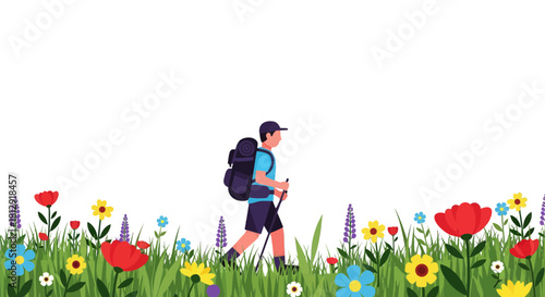 A Hiker Explores A Field Of Flowers Under A Dark Sky Illustration